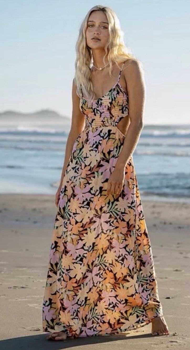 Billabong True Desire Cutout Maxi Dress Large Pink Multi Beach